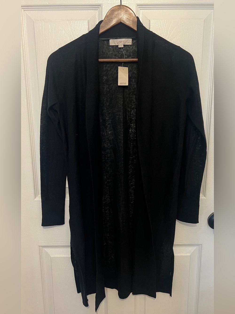 LOFT Women’s Black Linen Blend Open Front Long Cardigan Size XSP NEW